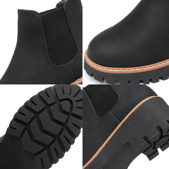 Womens Black Faux Leather Low Wedge Heel Slip On Chunky Platform Ankle Boots - Picture 8 of 8